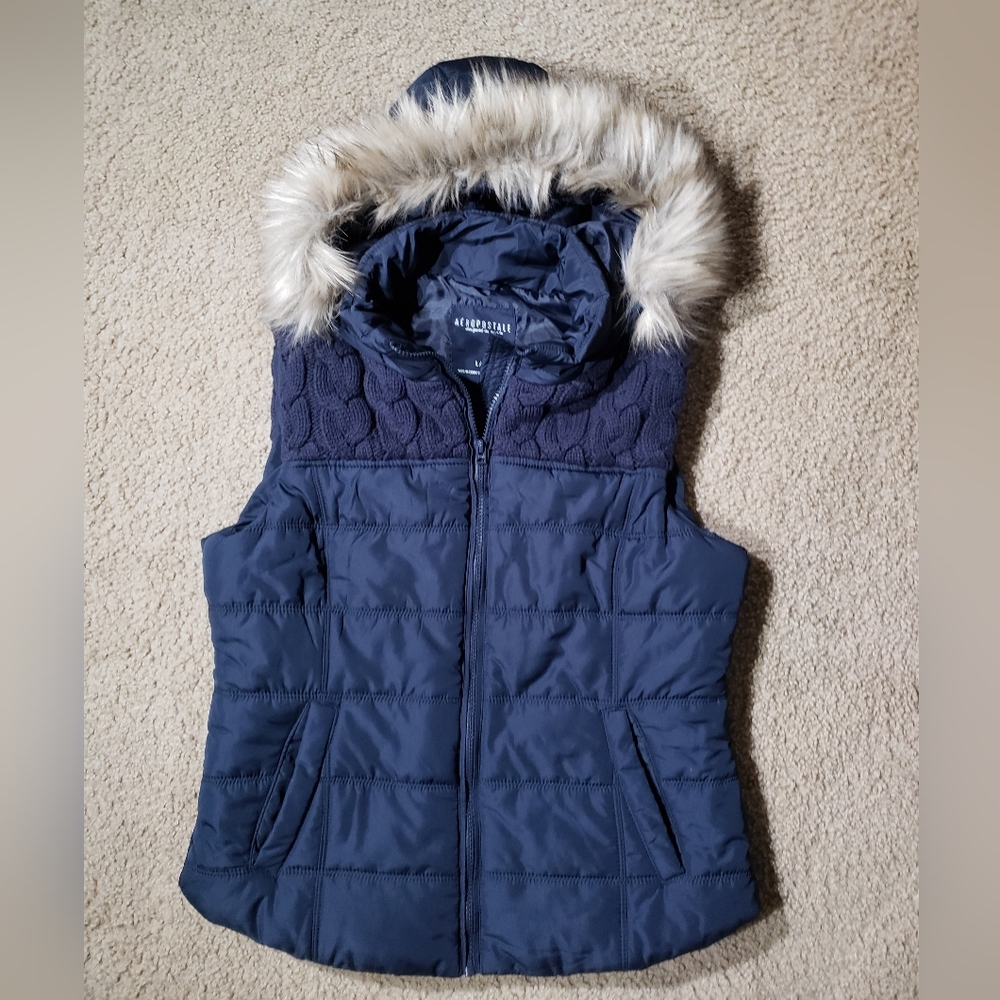 Aeropostale Navy Blue Puffer Vest with Faux Fur Hood